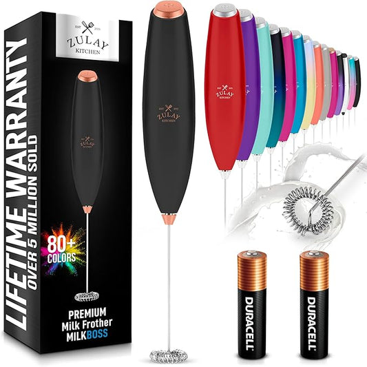 Zulay Kitchen Milk Frother Wand (2 Batteries Included) - Easy-Clean Drink Mixer - Electric Coffee Frother for Frappe, Matcha - Exec Black/Copper