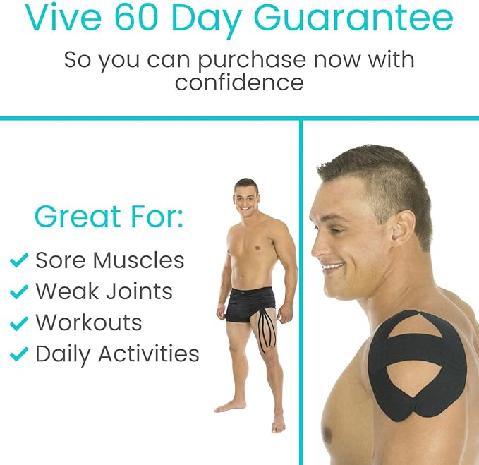 Vive Kinesiology Tape (16.4 Feet) - Therapeutic Athletic Support Tape - Uncut Kensio Roll - Muscle and Joint Recovery for Shoulder, Back, Knee, Elbow and Ankle Pain Relief - Waterproof for Sports