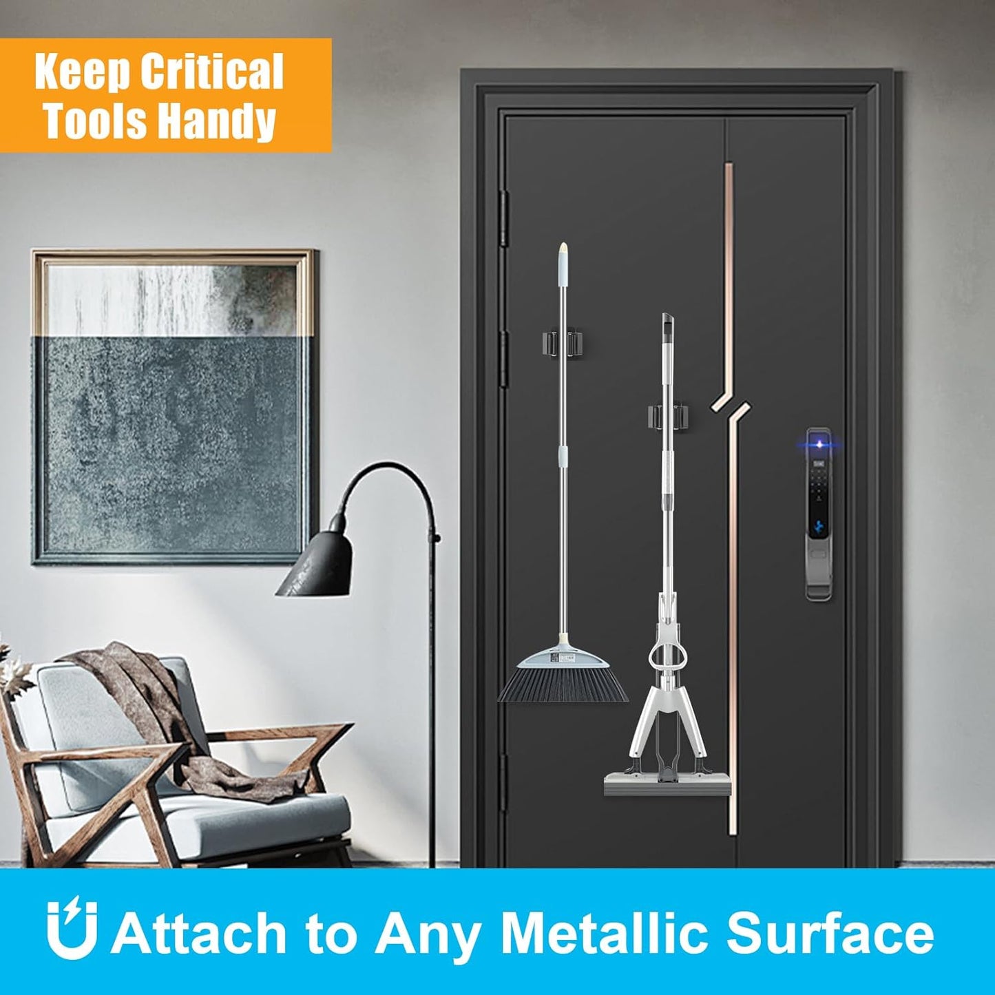 4PCS Magnetic Mop Broom Holder – Heavy Duty, Anti-Slip Wall Mount with Adjustable Gripper for Garage, Kitchen, Laundry & Garden Organization