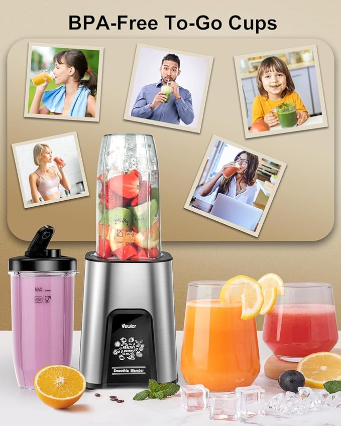 VEWIOR Smoothie Blender, 900W Personal Blender for Shakes and Smoothies, Blenders for Kitchen, Smoothie Juice Mixer with 2 * 22Oz BPA-Free To-Go Cups