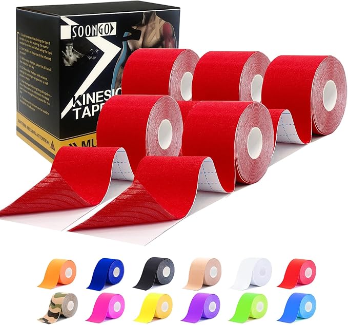 Kinesiology Tape Pro 5 Rolls, 2 Inch High Elasticity Sports Tape Therapeutic Pain Relief–Physio Tape for Muscle Recovery & Joint Support, Waterproof & Hypoallergenic & Breathable–Red
