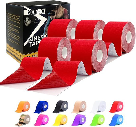 Kinesiology Tape Pro 5 Rolls, 2 Inch High Elasticity Sports Tape Therapeutic Pain Relief–Physio Tape for Muscle Recovery & Joint Support, Waterproof & Hypoallergenic & Breathable–Red