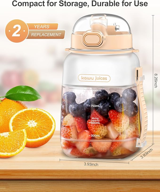 kawu Portable Blender, Portable Smoothie Blender On the Go, No-BPA, Portable Blenders for Shakes and Smoothies Leakproof-Lid and Sip Spout, USB-C Rechargeable, Recipes, with Handle/Strap, White