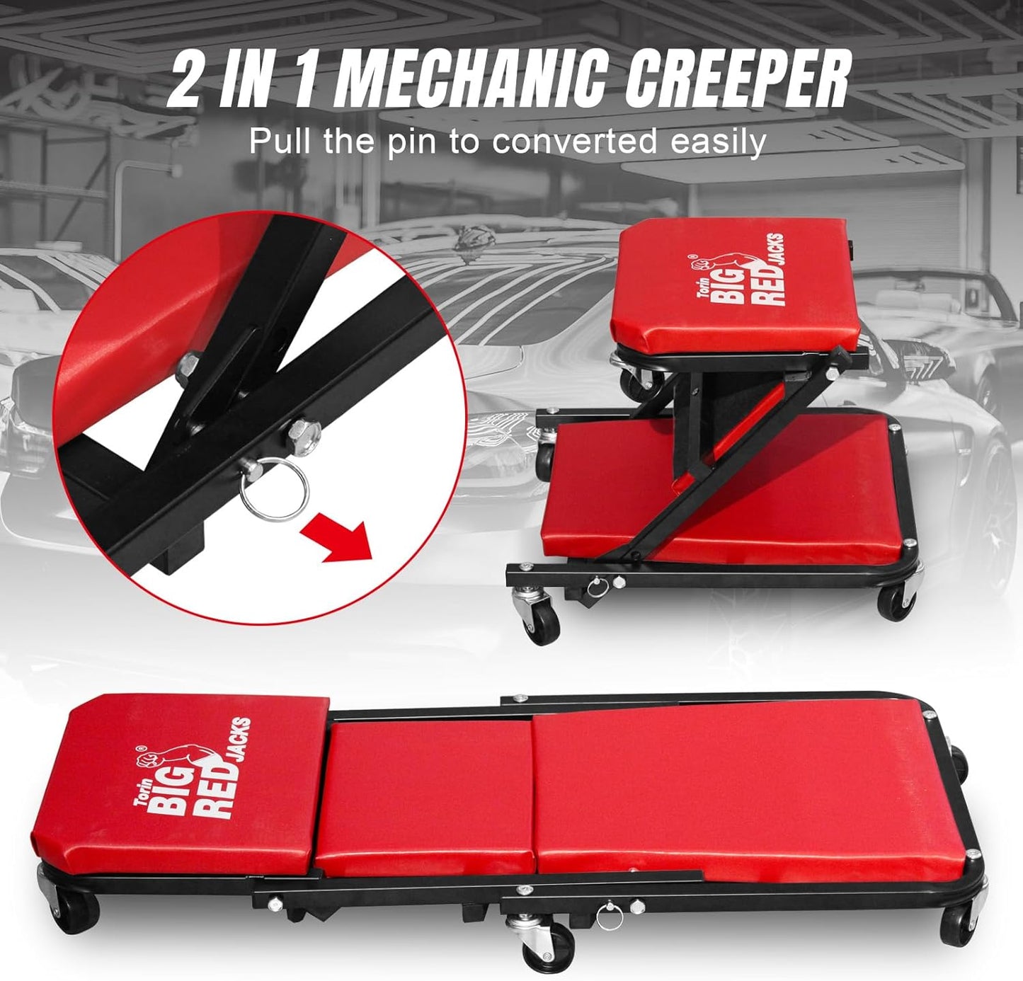 BIG RED ATR6036ZER 36" Foldable Z-Creeper Seat: 2-in-1 Garage Shop Creeper for Auto Repair with 6 Wheels, 300 Lbs. Capacity - Red