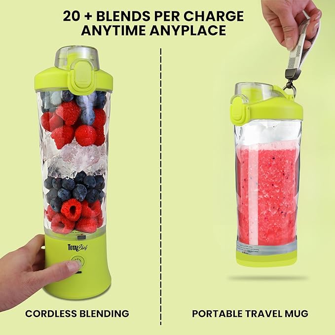Total Chef Portable Blender - USB Rechargeable Personal Smoothie Mixer, Protein Shake Maker, Cordless Travel Mini Licuadora, Blend Frozen Fruit, Drink Milkshake On The Go, 20 OZ, Neon Green