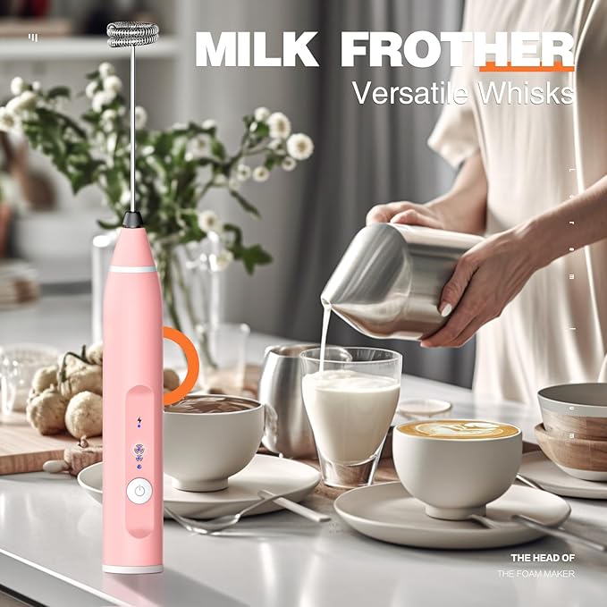 Milk Frother Rechargeable Handheld Electric Whisk Coffee Frother Mixer with 2 Stainless whisks 3 Speed Adjustable Foam Maker Blender for Coffee Matcha Latte Cappuccino Hot Chocolate(Classic Pink)