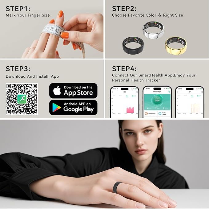 Smart Rings for Women Men,Fitness Tracker Ring,Heart Rate,Blood Oxygen,Blood Pressure,Step Tracker,Sleep Monitoring,No Subscription Fee,IP68 Waterproof Smart Ring for iphone&Android(Black 10)