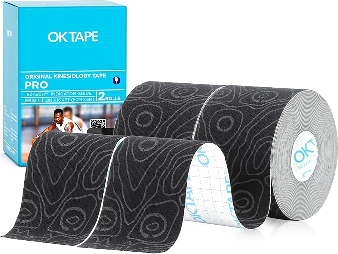 OK TAPE PRO Kinesiology Tape, 2inch x Long Roll 16ft Free Cut Tape, Elastic Athletic Tape Therapeutic Latex Free, 2 Rolls Black+Black