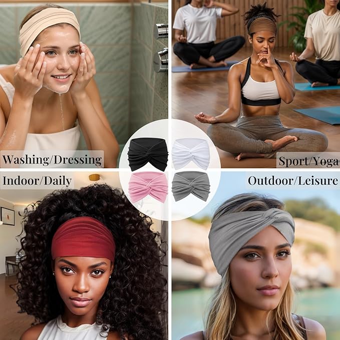 Wide Headbands for Women Yoga Running Sports Headhand Bandana Boho Non Slip Sweat Head Bands Accessories 4 Pack