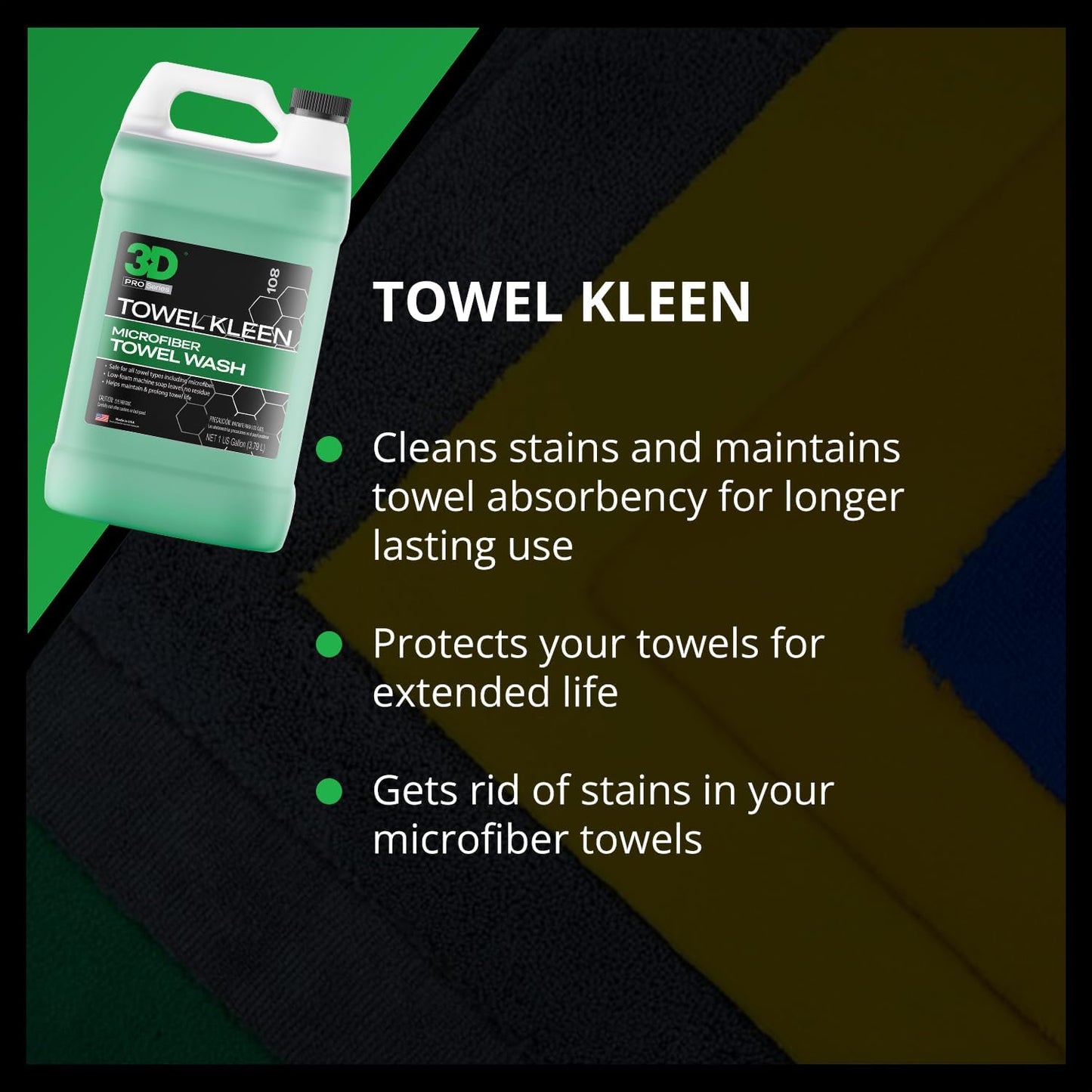 3D Towel Kleen Concentrated Microfiber Towel Detergent - Deep Cleans, Restores & Maintains Car Wash Towel Life - Low Foam, No Residue Premium Laundry Soap 1 Gallon