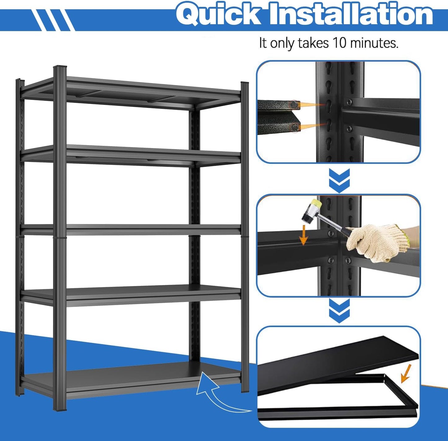 Garage Shelving 5-Tier Metal Storage Shelves 3500LBS Garage Storage Shelves Heavy Duty Adjustable Shelving Units for Basement, Commercial, Warehouse, Industrial, Black