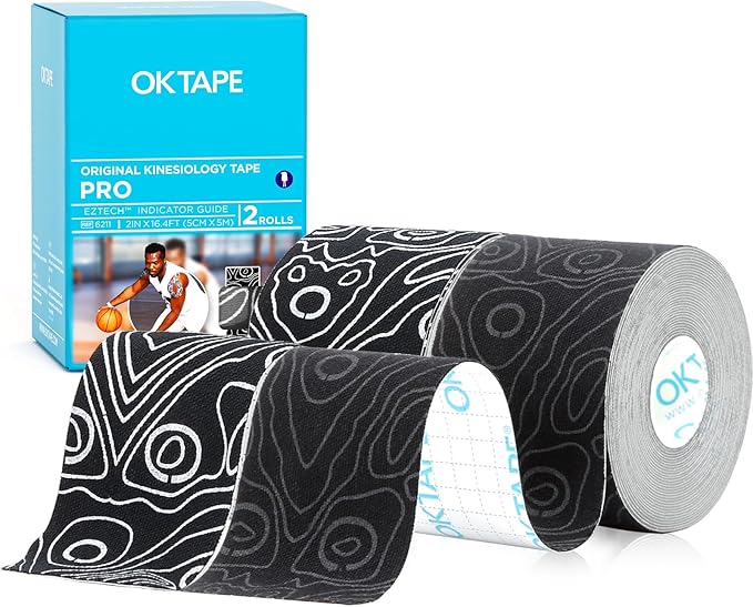 OK TAPE PRO Kinesiology Tape, 2inch x Long Roll 16ft Free Cut Tape, Elastic Athletic Tape Therapeutic Latex Free, 2 Rolls Black+Black and Black+White