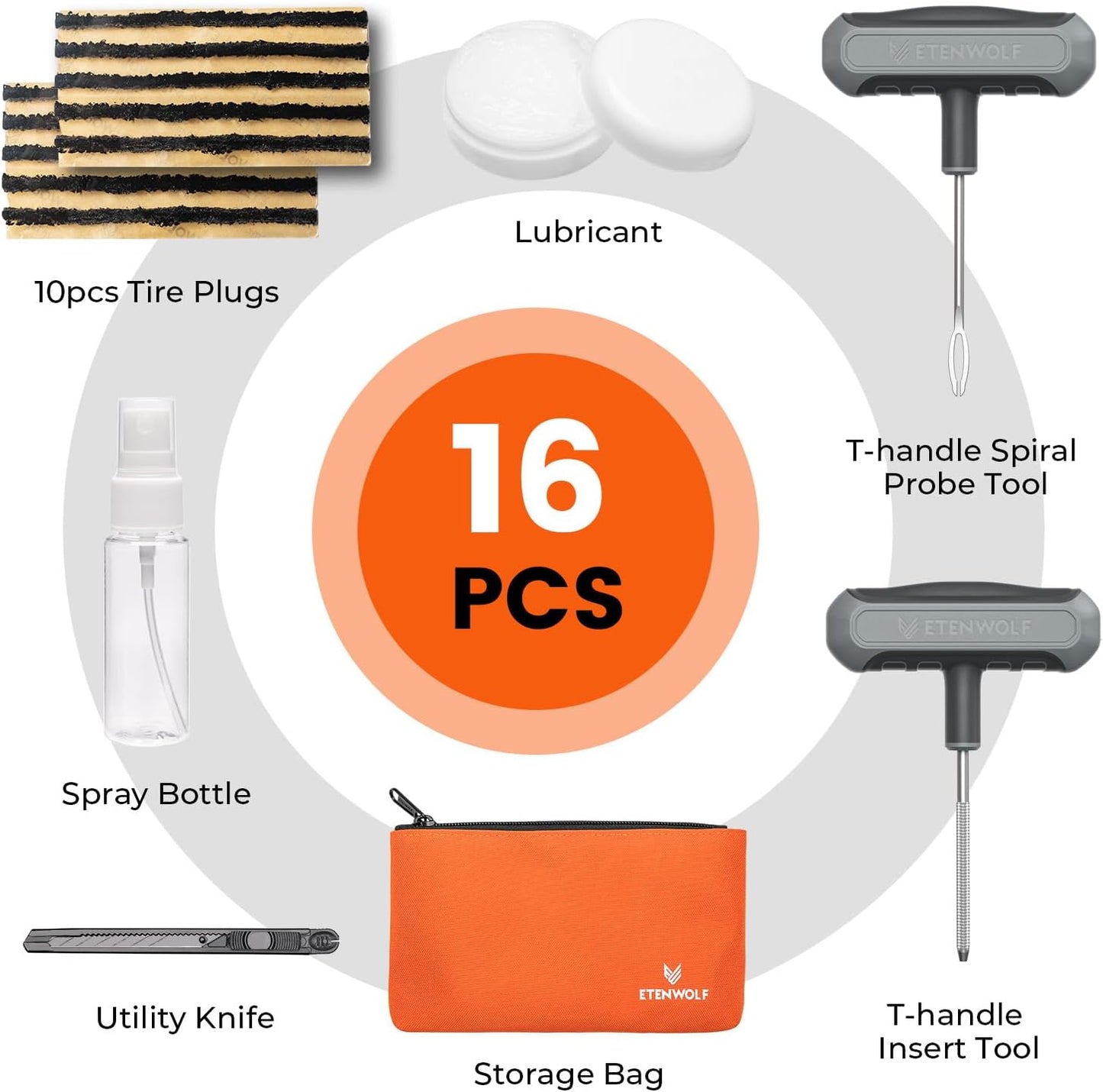 ETENWOLF Flat Tire Repair Kit with Plugs 16 Pcs, Heavy Duty Tire Plug Kit for Car, Motorcycle, ATV, Jeep, Truck, Tractor (Grey)