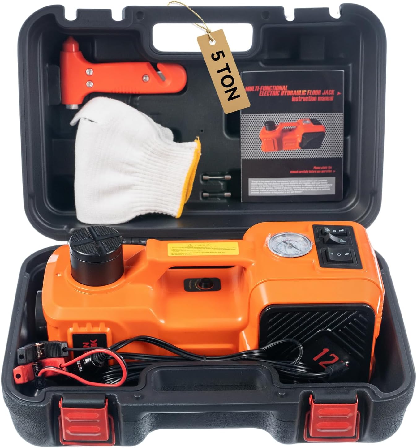 Electric Car Jack Kit with Hydraulic Lift 5-Ton, Tire Inflator Heavy-Duty 12V Floor Jack for Sedans,SUVs,MPVs & Trucks.Ideal for Tire Changes & Garage Repairs (no Electric Wrench)