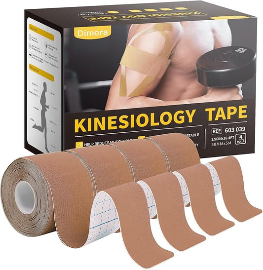 Dimora Uncut Kinesiology Tape, Original Cotton, 16' Elastic Athletic Tape for Muscle Pain Relief and Joint Support, 4 Rolls, Beige