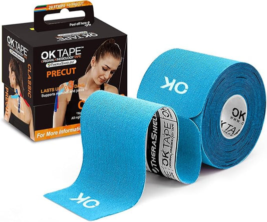 OK TAPE Kinesiology Tape 10 inches Precut, 20 Strips, Cotton Elastic Athletic Tape Latex Free, 2in x 16ft, Light Blue