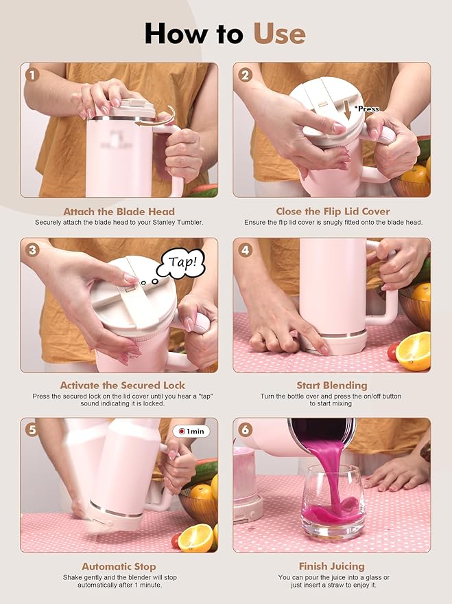 Portable Blender Lid for Adventure/Stanley Quencher H2.0 FlowState 40oz - Personal Blender for Shakes and Smoothies, Portable Juicer, Small Magic Bullet Cup