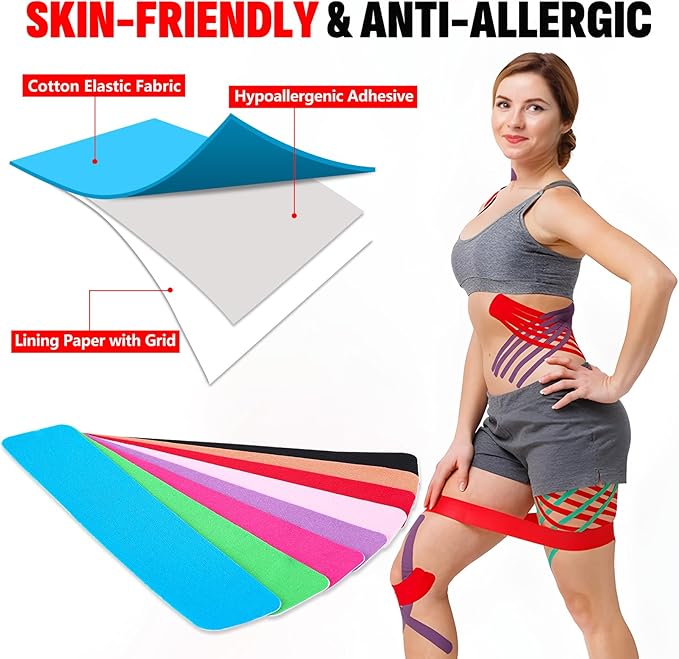 40PCS Precut Kinesiology Tape Strips, 8 Colors 2 inch x 10 inch Cotton Athletic Tape, Kinetic Tape, Elastic Muscle Tape, Sports Tape, Knee Tape for Exercise and Daily Use