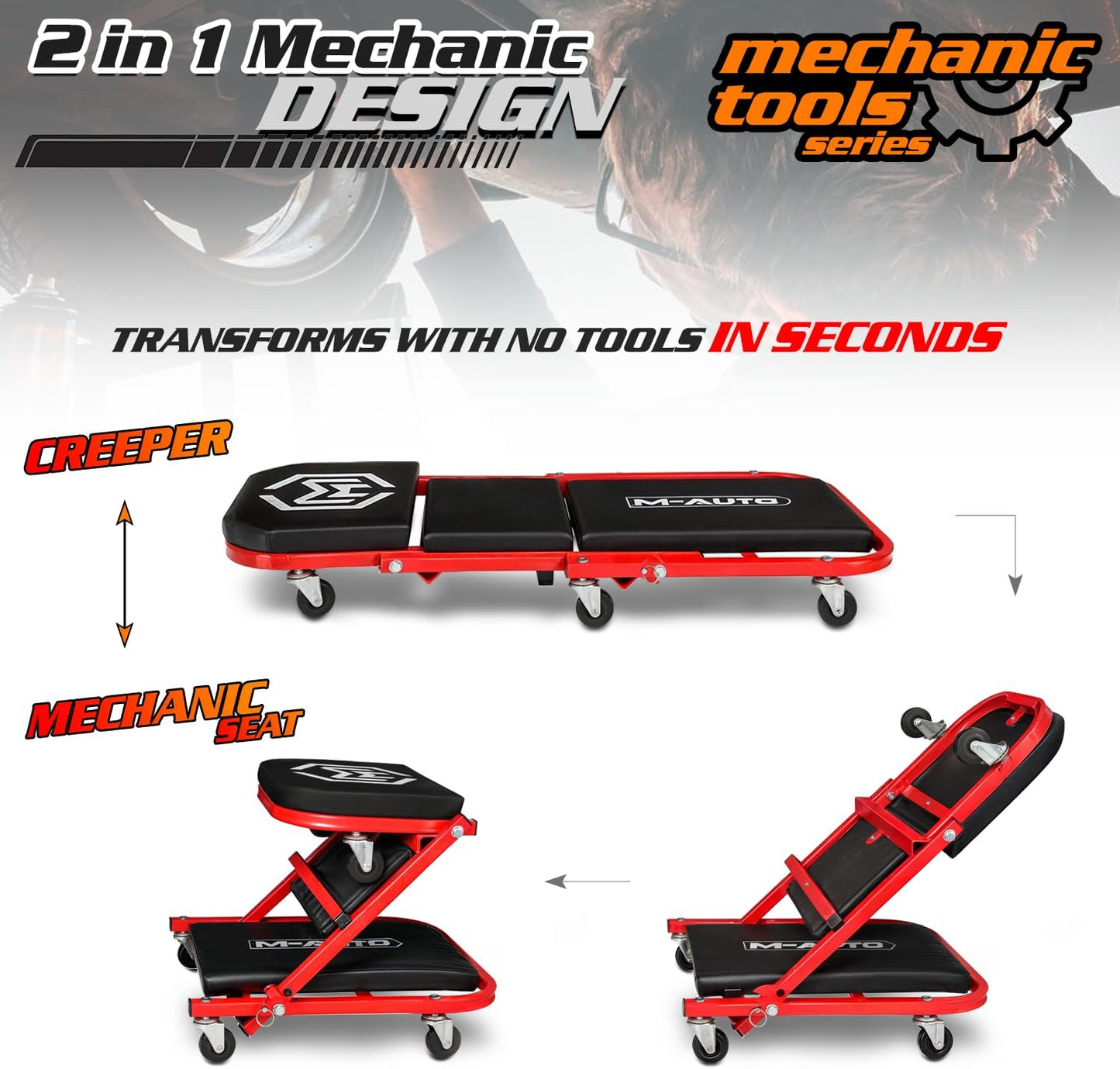 M-AUTO Foldable Z Creeper 2-in-1 Rolling Folding Car Creeper & Seat, 36" Adjustable Roller Garage Chair Lay Down or Sit, 330LBS Capacity Under Car Roller Creeper with 6 Swivel Casters, Red