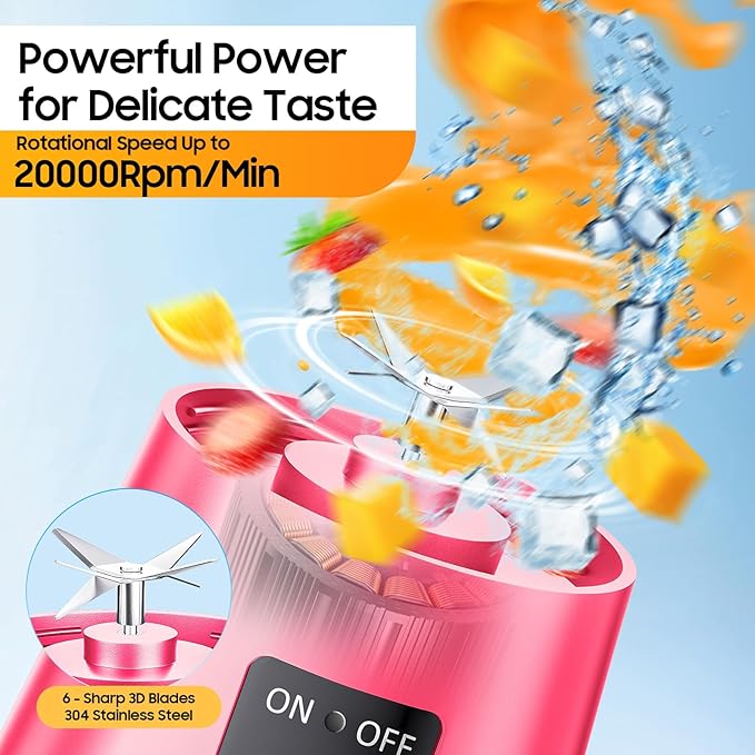 Personal Blender for Shakes and Smoothies - 2025 New Upgrade Cordless Portable Blender USB-C Rechargeable, 380Ml BAP Free Juice Cup, 6 Blades Freshly Squeezed for Picnic/Sprots, 20000Rpm/Min Speed