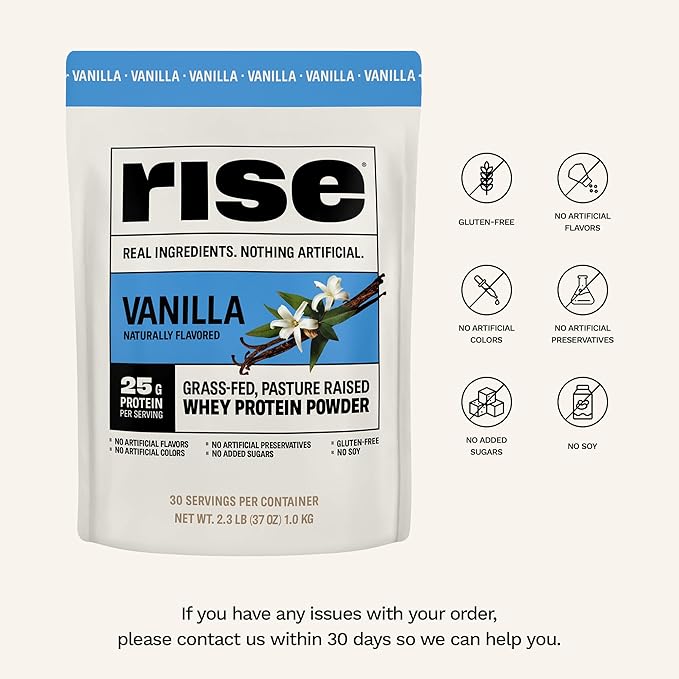 Rise Grass-Fed Whey Protein Powder - Vanilla | 25g Protein No Artificial Flavors, Colors, or Preservatives - Sugar Free, Gluten-Free, Soy Free (2.3 lbs)