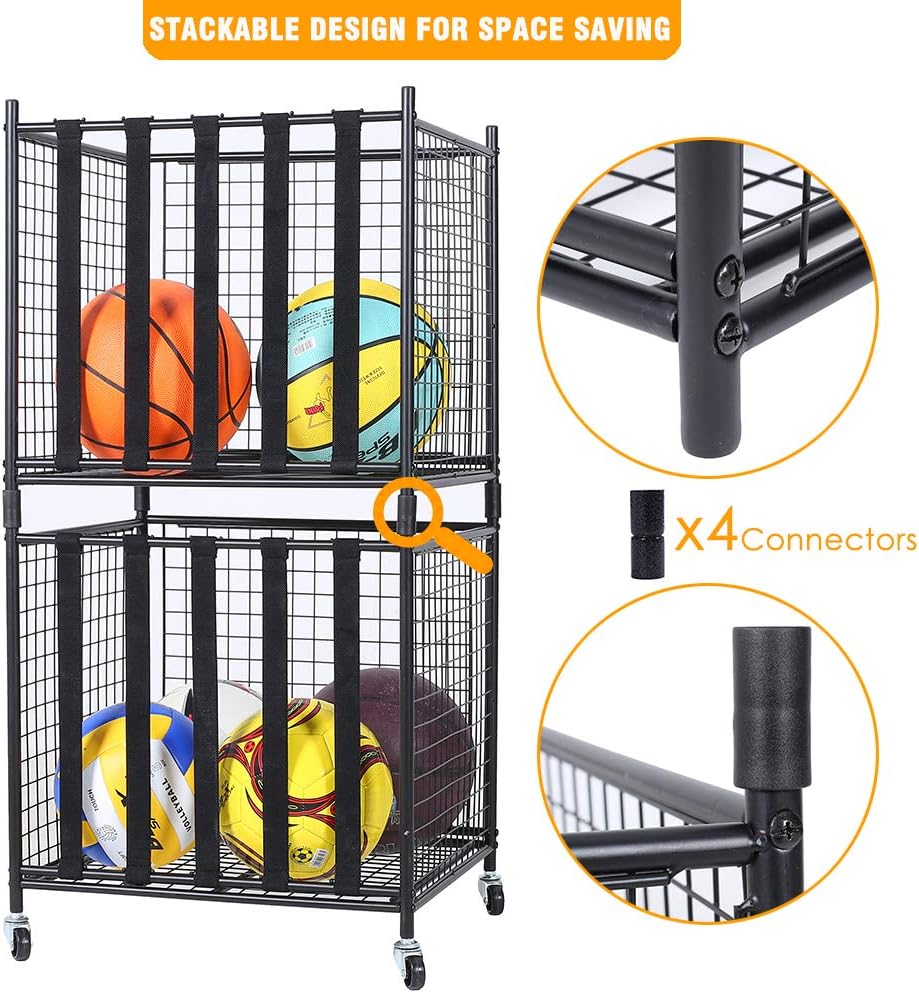 Snail Garage Sports Equipment Storage Organizer Sports Ball Storage Rolling Cart with Basket and Hooks Lockable Sports Ball Cage Storage Rack for Garages, Playgroup, Gym and Schools, Black