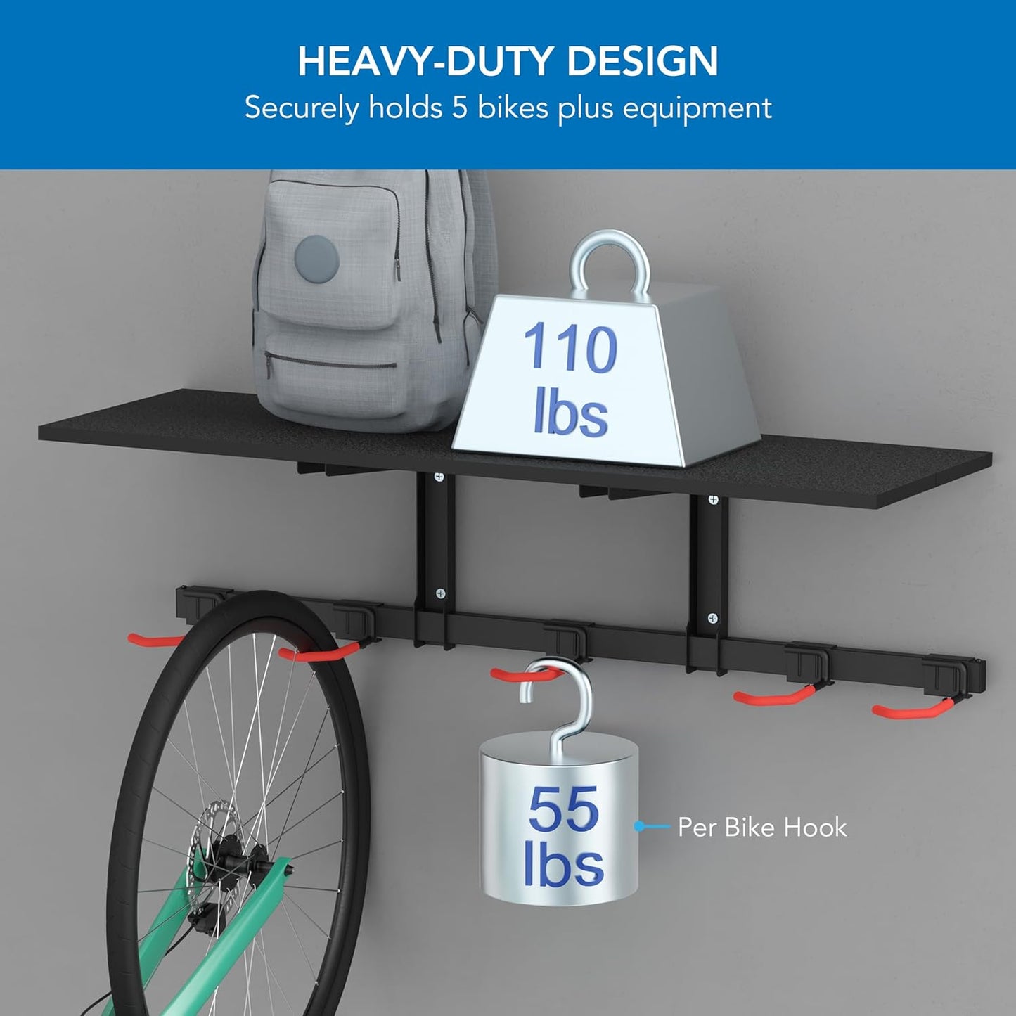 Mount-It! WheelsUp Bike Storage Rack with Shelf | Wall Mounted Garage Organizer Holds 5 Bikes | Adjustable Padded Hooks, Max Capacity 385 lbs | Space-Saving Solution