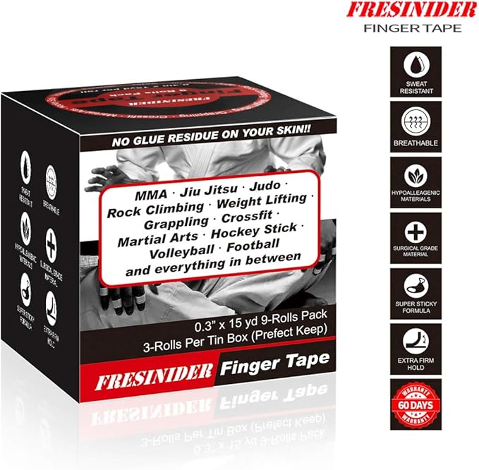 Finger Tape - Strong Athletic Tape | 0.3” x 45 Feet (9 Pack) Tin Set | No Sticky Residue | for Rock Climbing, BJJ Jiu Jitsu, Grappling, Judo, MMA, Rock Climbing and Martial Arts (White)