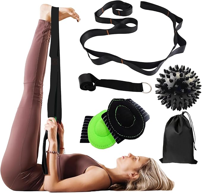 Gradient Fitness Therapy Stretching Belt, 12 Circle Multi Ring Stretching Belt (1.5 inches wide x 86.6 inches long), Therapy Equipment, Yoga Stretcher Strap,Leg Stretcher. Equipped with arch foot pads and pointed massage balls(BLACK)