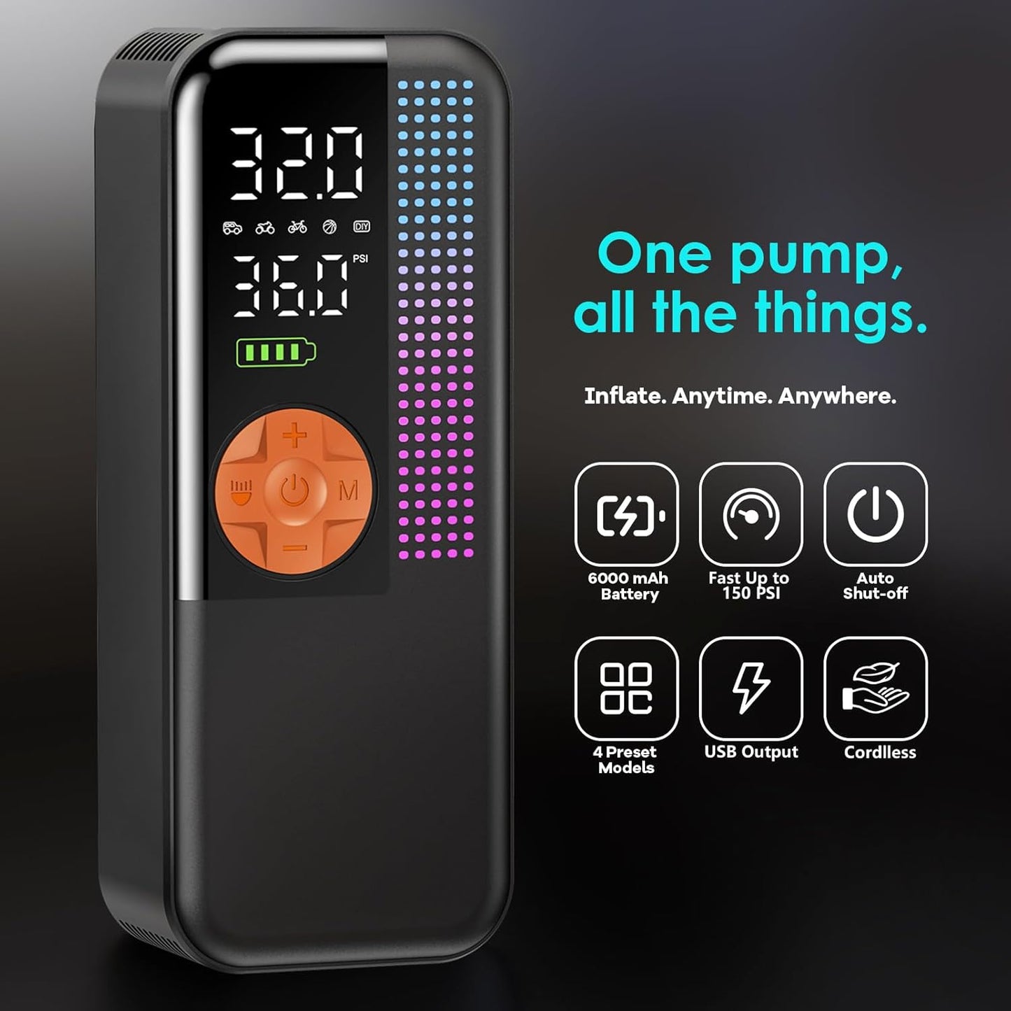 Portable Tire Inflator Air Compressor, 150 PSI Cordless Air Pump, 6000mAh Battery & 12V Car Outlet, Digital Pressure Gauge, Auto Shut-Off, Fast 24L/Min, LED Light, 4 Preset Modes for Car, Bike, Balls