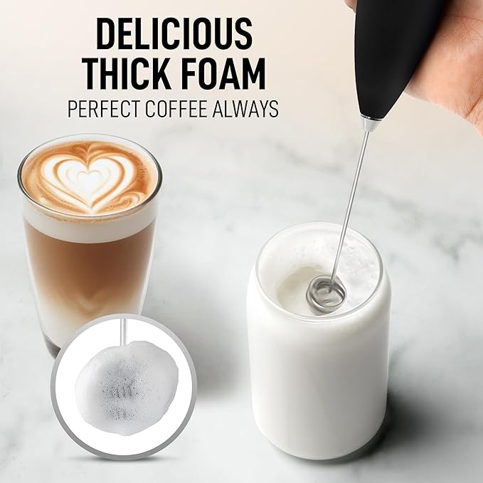 Zulay Kitchen Powerful Double Whisk Milk Frother Handheld - Foam Maker With Stand - Whisk Drink Mixer for Coffee, Mini Foamer for Latte, Matcha, Frappe, Hot Chocolate & Cappuccino (Black)