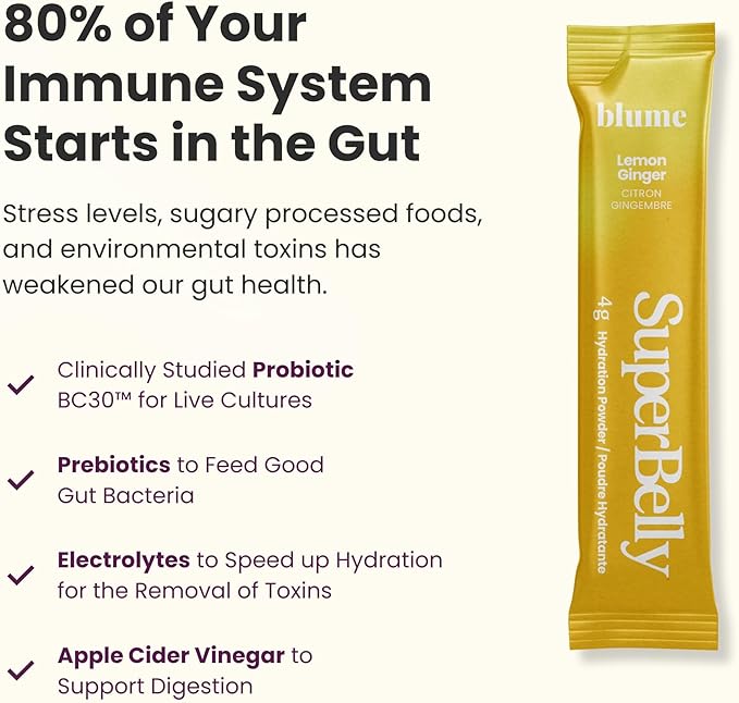 Blume New SuperBelly Gut Health and On-The-Go Hydration Packets, Sugar-Free, with Prebiotics, Probiotics, Apple Cider Vinegar, Vitamin C, and Electrolytes, Lemon Ginger, 15 Sticks