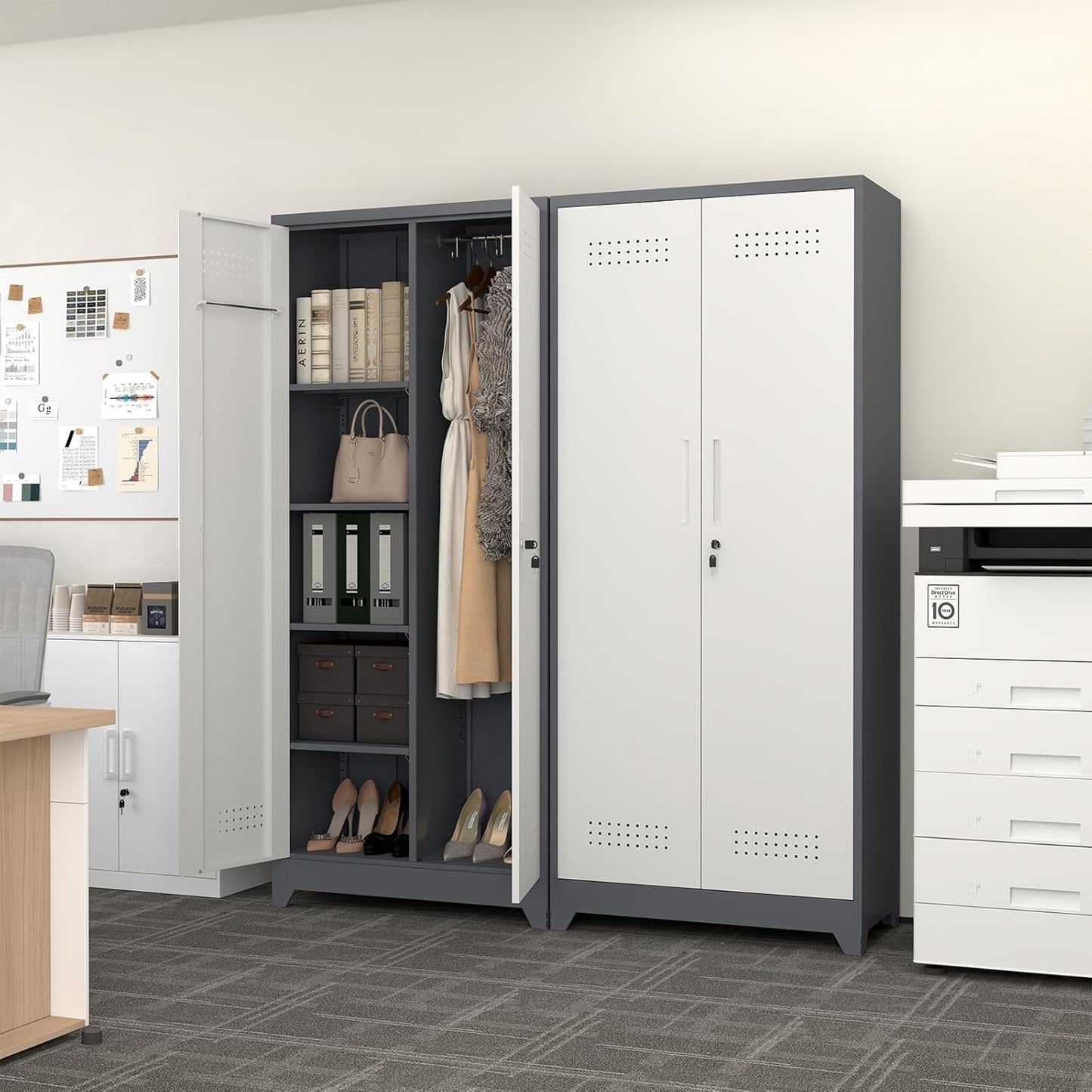 GREATMEET 72.8" Broom Storage Cabinet, Utility Cabinets for Brooms and Mops, Metal Storage Cabinets for Cleaning Supplies, Utility Closet for Garage, Grey&White