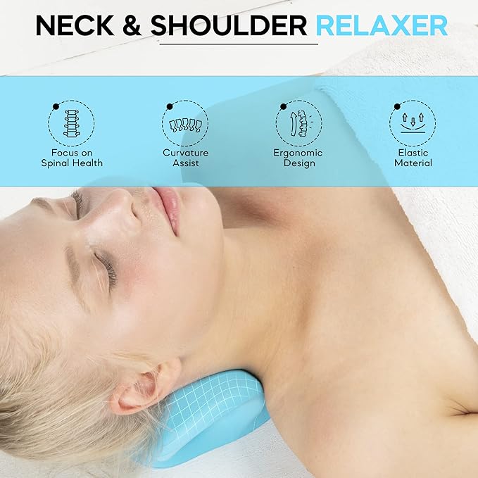 Neck Stretcher Cervical Traction, FSA HSA Eligible, Neck and Shoulder Relaxer for Pain Relief, Ergonomic Neck Pillow, Neck Hump Corrector, Cervical Spine Alignment, Neck Curve Corrector (Light Blue)