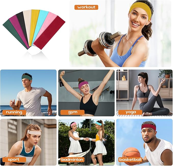 Workout Headbands for Women Non Slip - 8PCS Elastic Sport Head Bands for Women's Hair, Sweat Headband for Athletic Yoga Running Gym