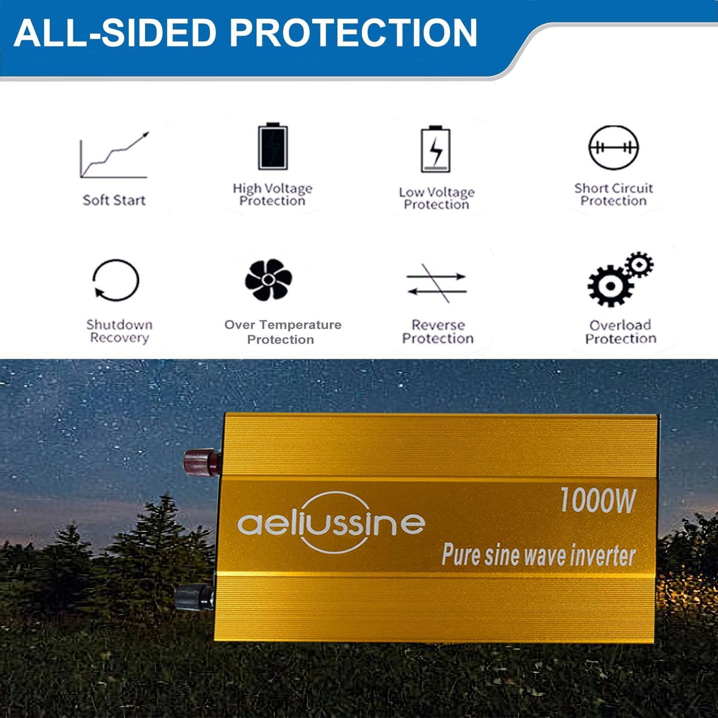 1000W Pure Sine Wave Inverter-48V DC to 110V 120V AC Power Converter with 2 AC Outlets, 48 Volt Power Inverter for Truck, Rv, Camping, Home, Emergency Power