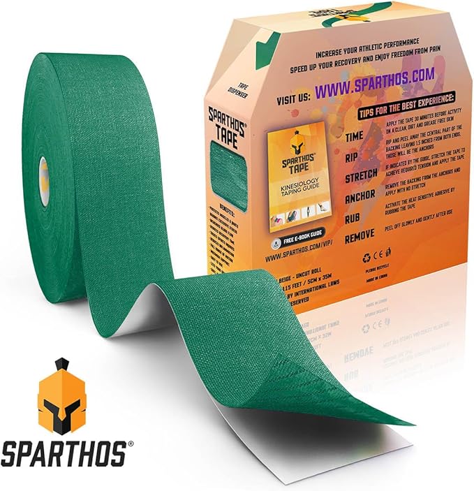 Sparthos Kinesiology Tape - Bulk Large Jumbo - Free Taping Guide! - Support for Pro Athletic Sports and Recovery - Kinetic Extreme Medical Med Strips - Uncut 115 ft Roll (Forest Green)