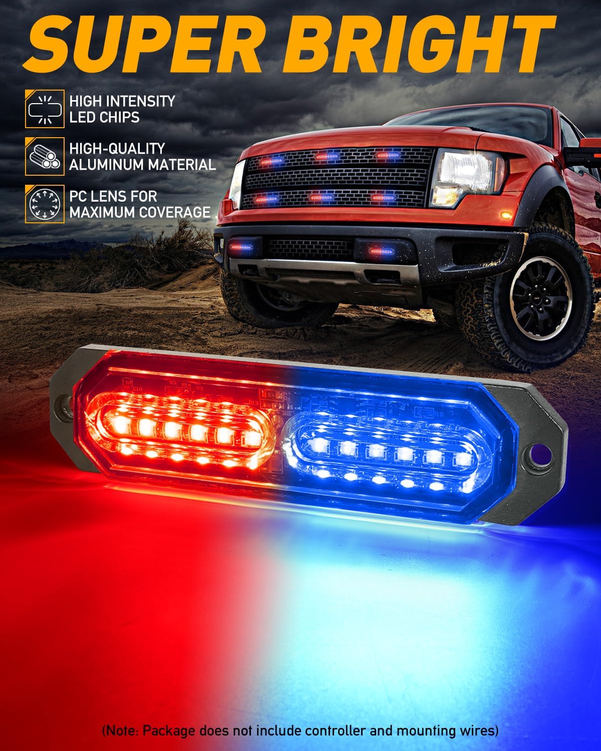 HLauto 1200T Emergency Strobe Grille Lights: 8pcs 12 LED Sync Feature Safety Warning Flashing Lights, Ultra Slim Surface Mount Hazard Caution Lights for Trucks, Vehicles, Car, ATV, UTV (Red Blue)