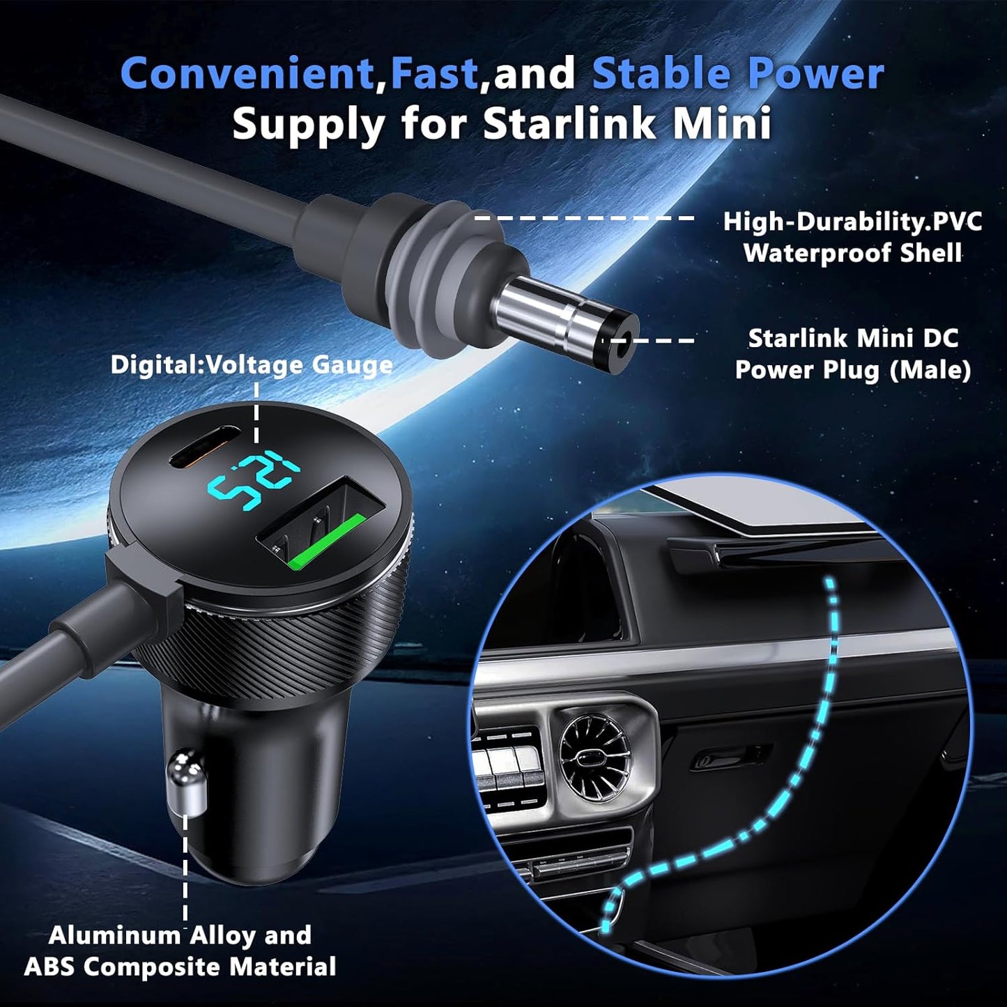 3-in-1 Starlink Mini Cable, Car Charger with Digital Display | 40W USB-C PD & 35W USB-A Ports | All-Weather Shielded Cable for RV, Truck, Boat (12V-48V) (16.4ft)
