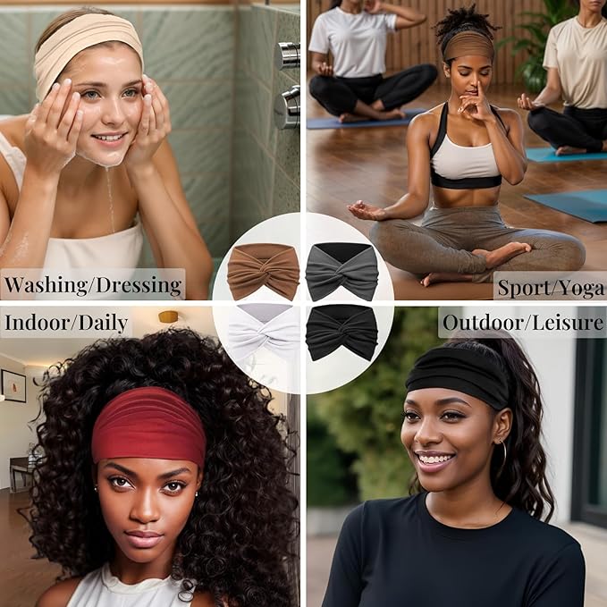 Wide Headbands for Women Yoga Running Sports Headhand Bandana Boho Non Slip Sweat Head Bands Accessories 4 Pack