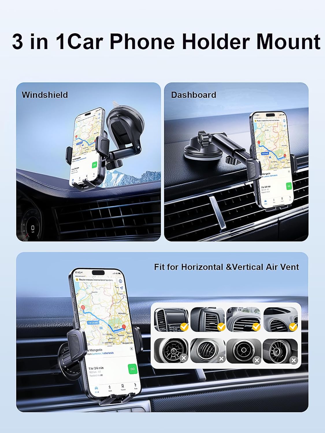 [2025 Most Stable & Flexible Suction Cup] 3-in-1 Car Phone Holder, Cell Phone Car Mount Fit for Vent/Dashboard/Windshield, All Phones, iPhone, Samsung and More