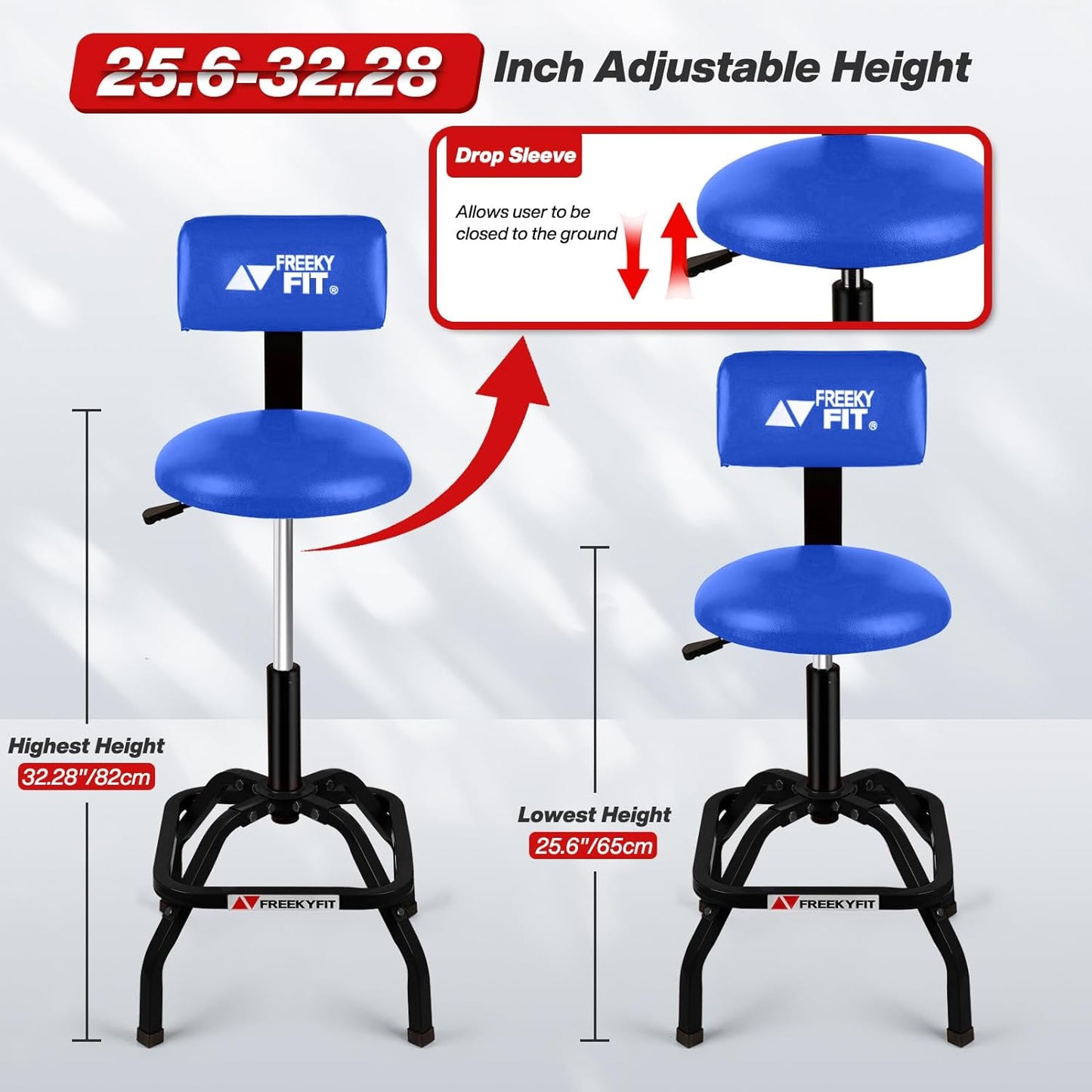 Shop Stool with Backrest, Mechanic Garage Stool for Workshop, Adjustable Shop Stools Chair, Padded Workbench Stools for Men Women, 300 LBS Capacity, 360° Swivel PVC Seat, Heavy Duty, Blue