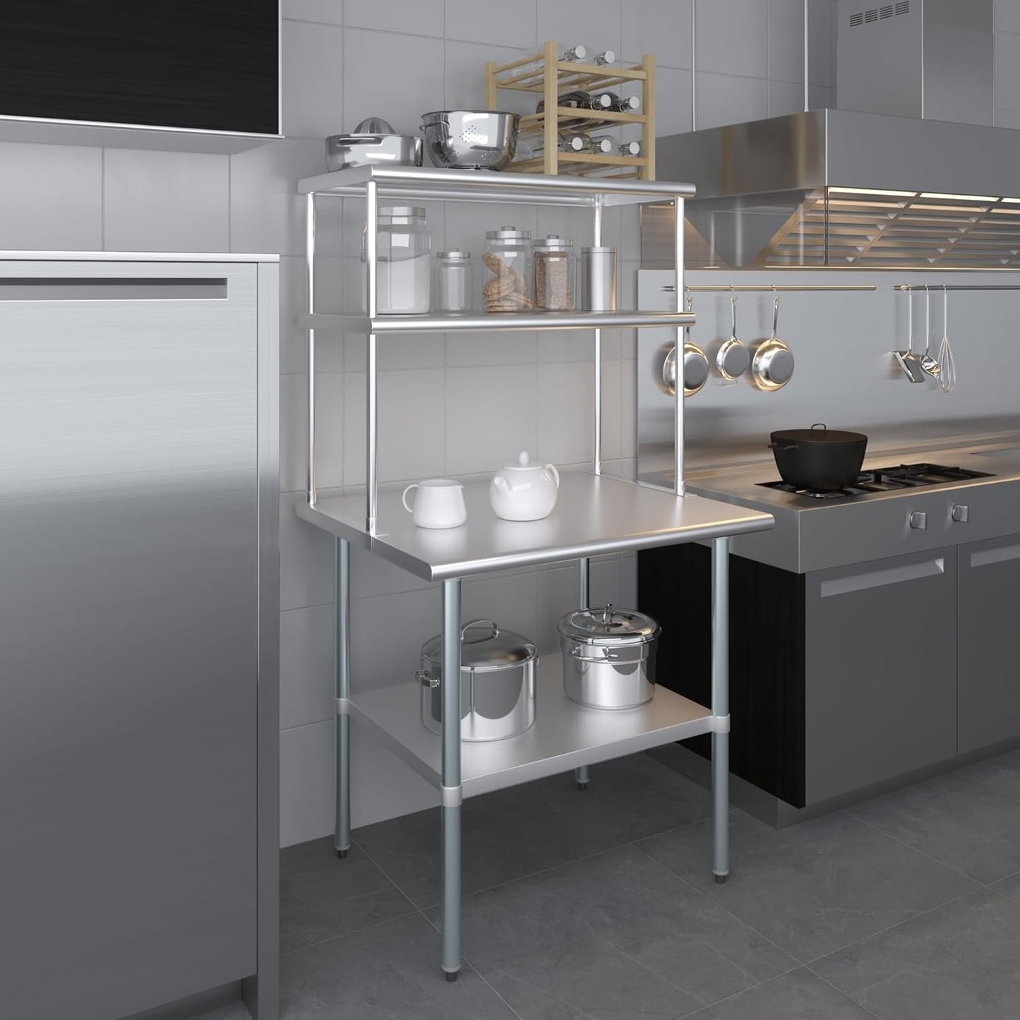 Amgood Stainless Steel Work Table Double Tier Overshelf | Metal Kitchen Prep Table & Shelving Combo (30" x 36" Work Table + 18" Overshelf)