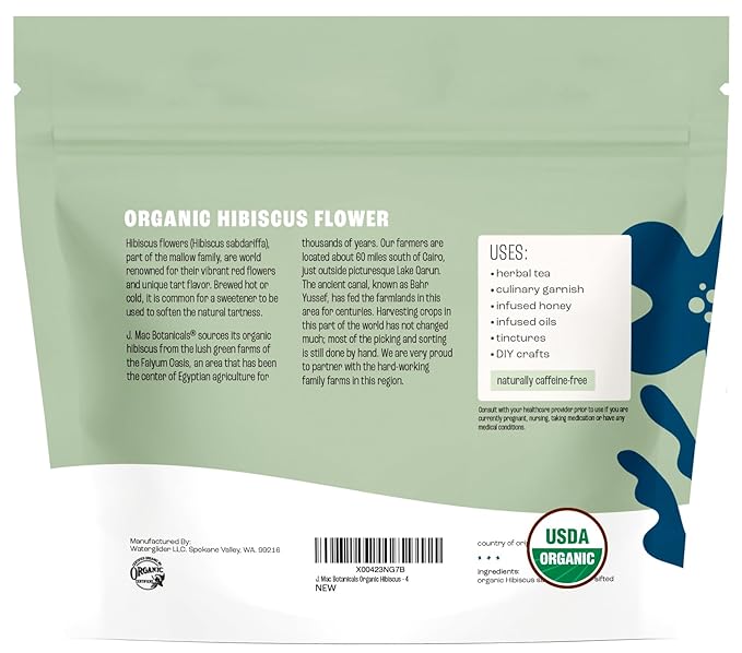 J Mac Botanicals, Organic Hibiscus Flower (4 ounce), Hibiscus tea, cut & sifted flowers, dried from Egypt, herbal tea leaves, Flor de Jamaica, edible
