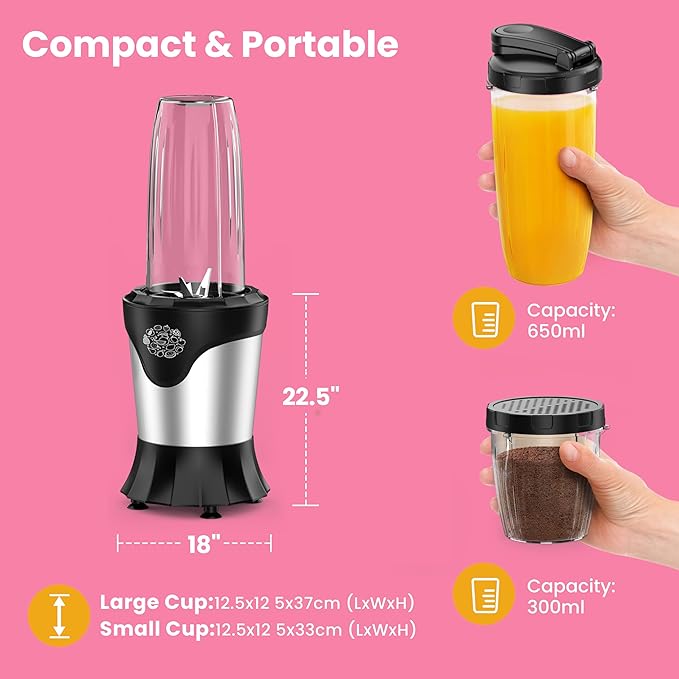 Suavo Smoothie Blender 1100W Portable Personal Blender for Shakes and Smoothies with 2 * 22Oz To-Go Cups & Lids, Includes Portable Coffee Grinder and 10Oz BPA-Free Travel Cup Countertop Mixer Blender