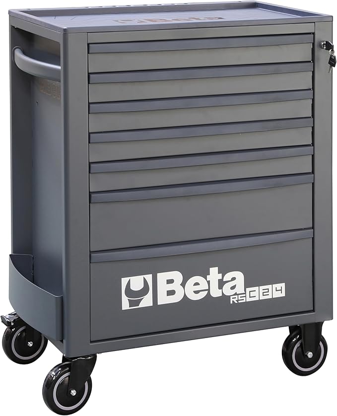 Beta RSC24 Heavy Duty Rolling Tool Cabinet, 7 Drawers, Grey, Ball Bearing Slides, Rubber Mat Liners, 5" Casters, Anti-Fall Edge Worktop, 1760 lbs Load Capacity, Made in Italy
