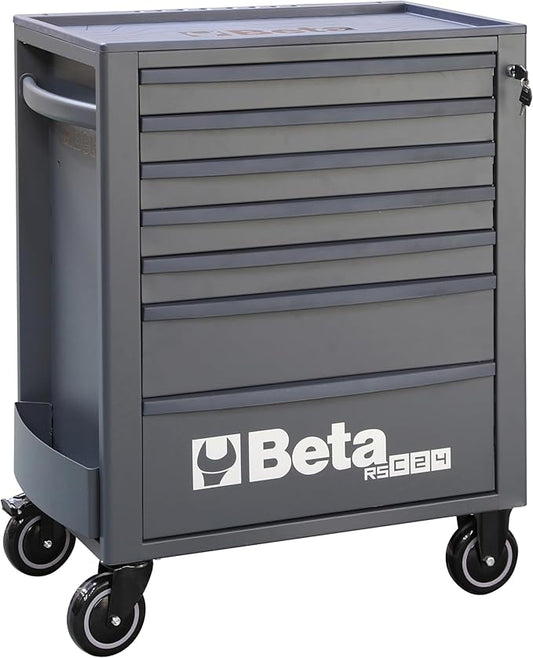 Beta RSC24 Heavy Duty Rolling Tool Cabinet, 7 Drawers, Grey, Ball Bearing Slides, Rubber Mat Liners, 5" Casters, Anti-Fall Edge Worktop, 1760 lbs Load Capacity, Made in Italy