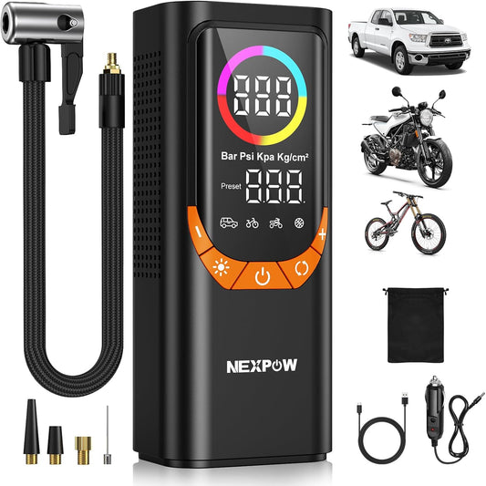 NEXPOW NP17 Portable Air Compressor, 150 PSI Digital Tire Inflator, Fast Inflation with Auto Shut-Off, LED Light, Multiple Nozzles for Car, Bike, and Ball, Compact Design, Orange