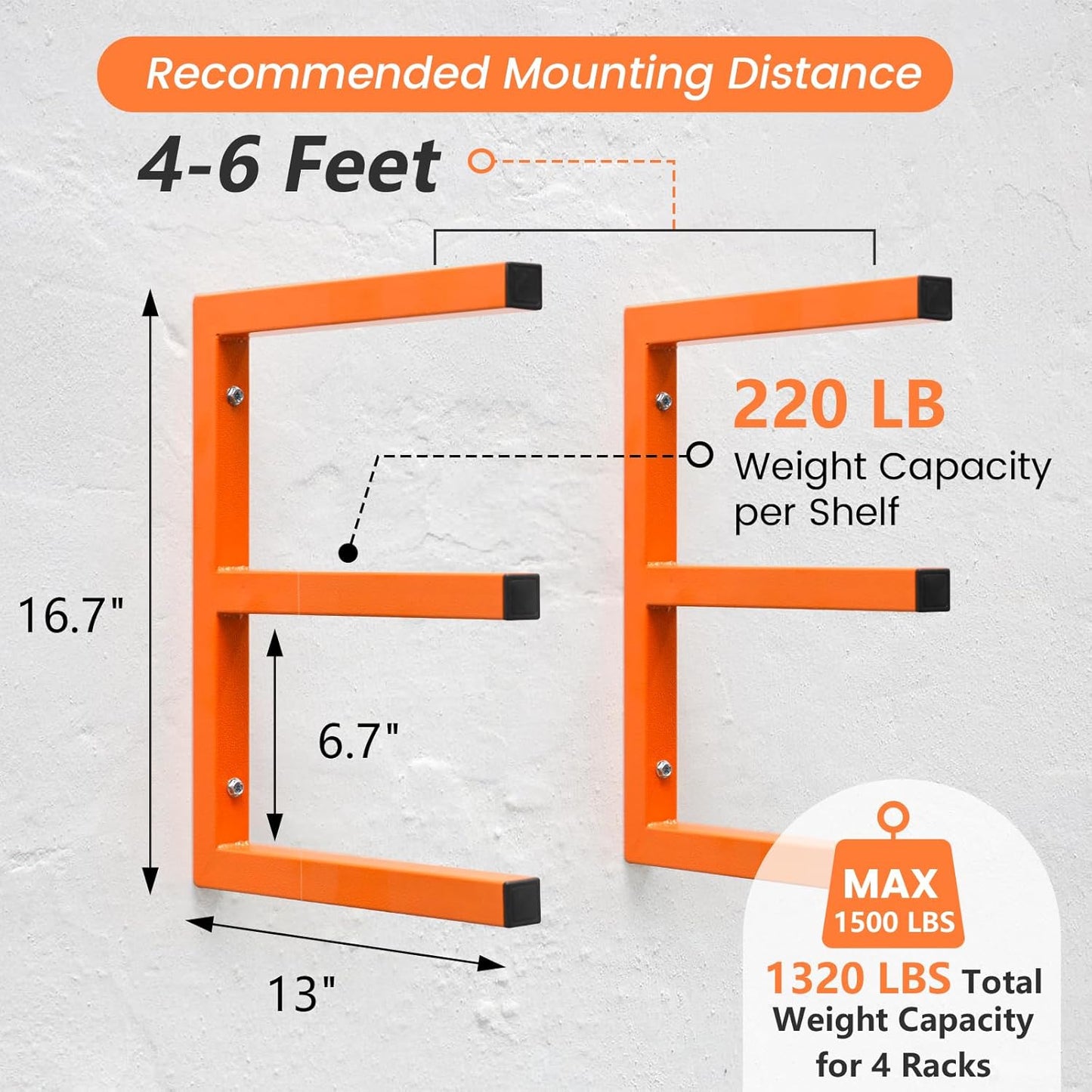 4 Pack Wood Organizer and Lumber Storage Rack Wall Mount, Heavy Duty Wood Storage Organizer Racks with 3-Level System for Garage, Workshop, Basement, Holds Up 220 LBS Per Level (Orange)