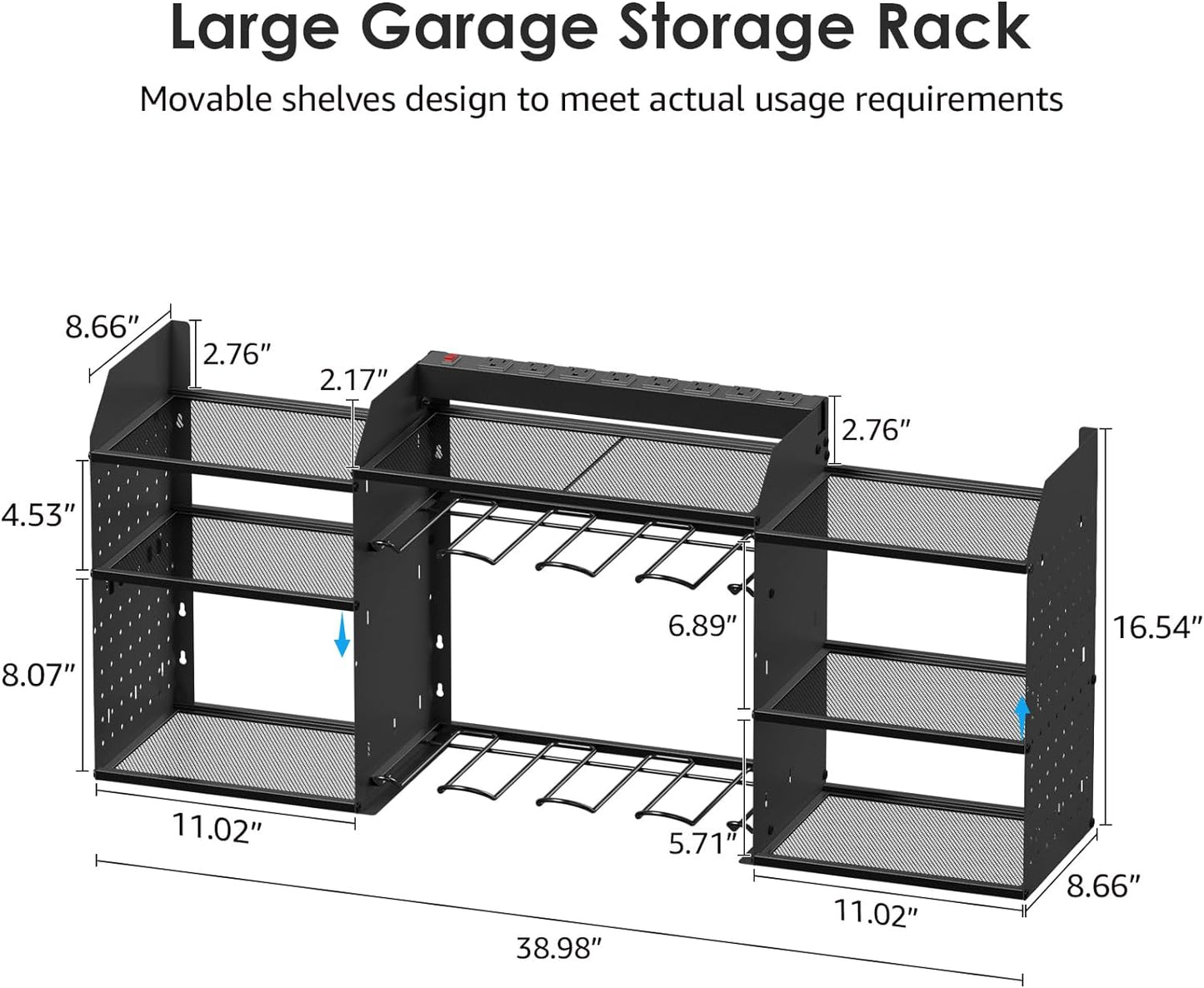 CCCEI Black Large Tools Organizer Wall Mount Charging Station, 39 Inch Long Power Tool Battery Storage Rack with 10FT Power Strip. 8 Drill Holder, Garage Utility Shelves. Pegboard Hanging Extension.